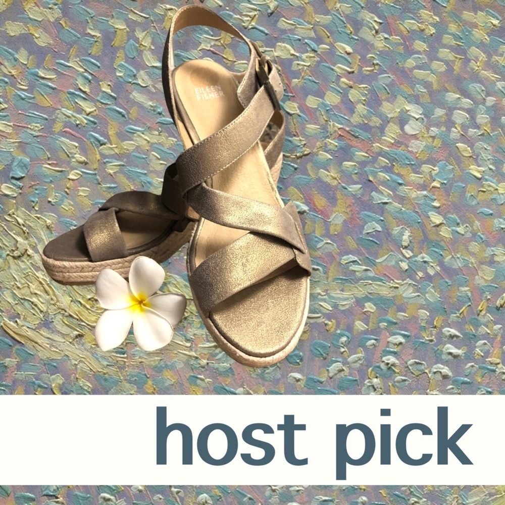 NWOT π‘ EILEEN FISHER Beckon Suede Jute Espadrille Wedge Sandals Bronze Metallic - Picture 4 of 15